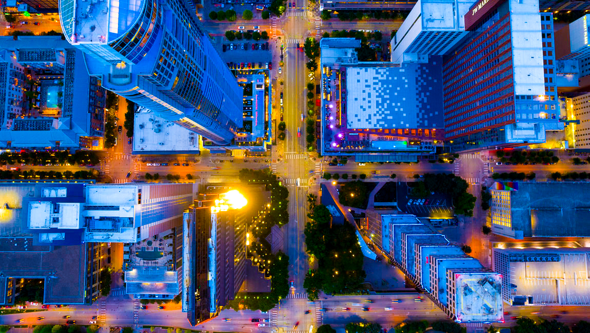 Aerial view of downtown city at night